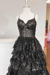 A Line Spaghetti Straps Tiered Lace Prom Dress